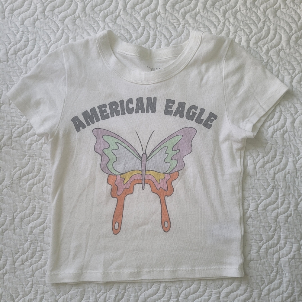 american eagle butterfly cropped white baby tee